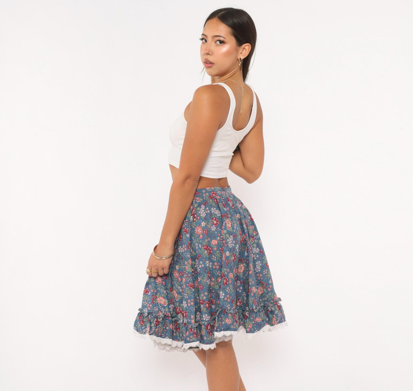 80s Dusty Blue Floral Circle Skirt Cotton Ruffled Lace Trim Small S