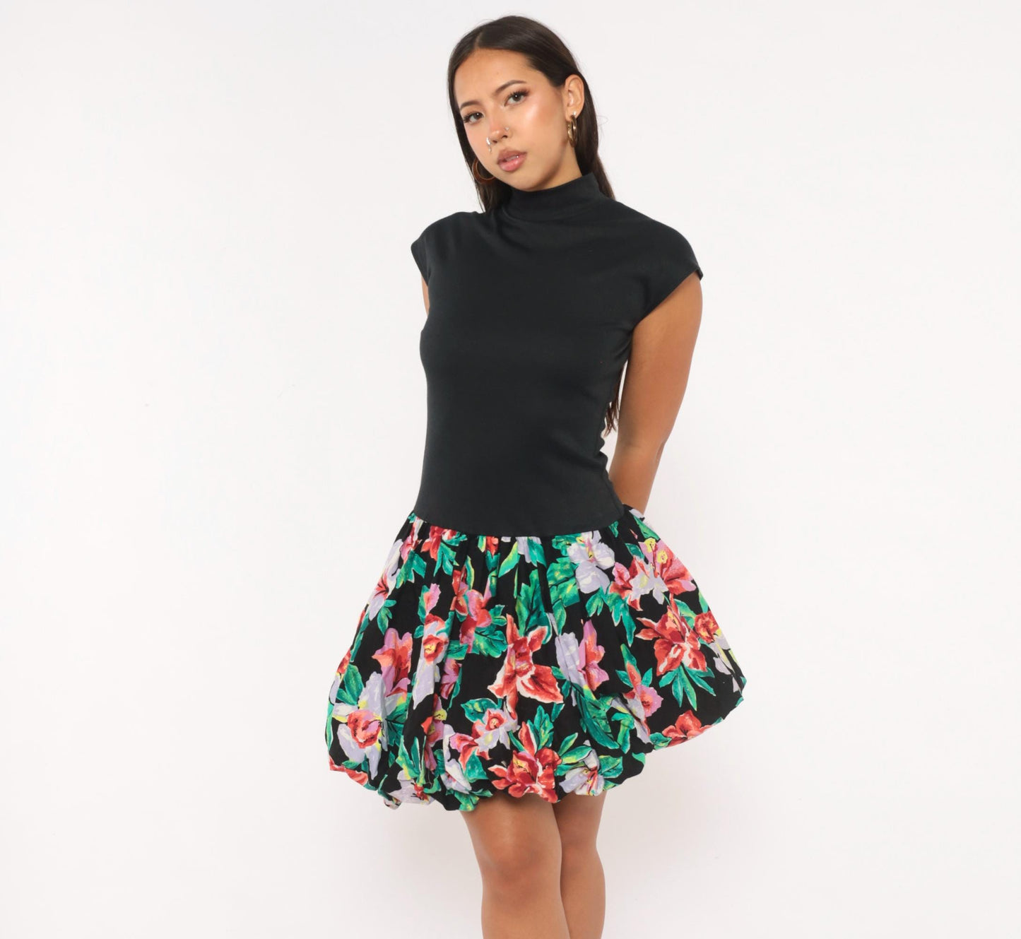 80s Byer Too! Floral Bubble Mini Dress Mock Neck Cap Sleeve Black Small