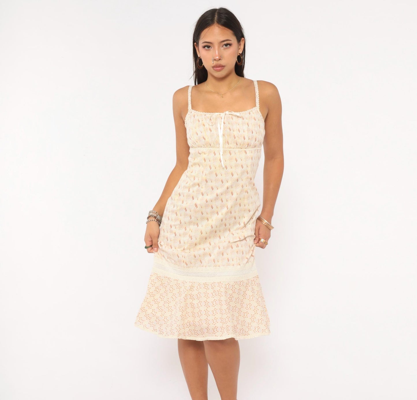 Y2K Floral Sundress Cream Tan Ribbon Bow Lace Trim Cotton Extra Small XS