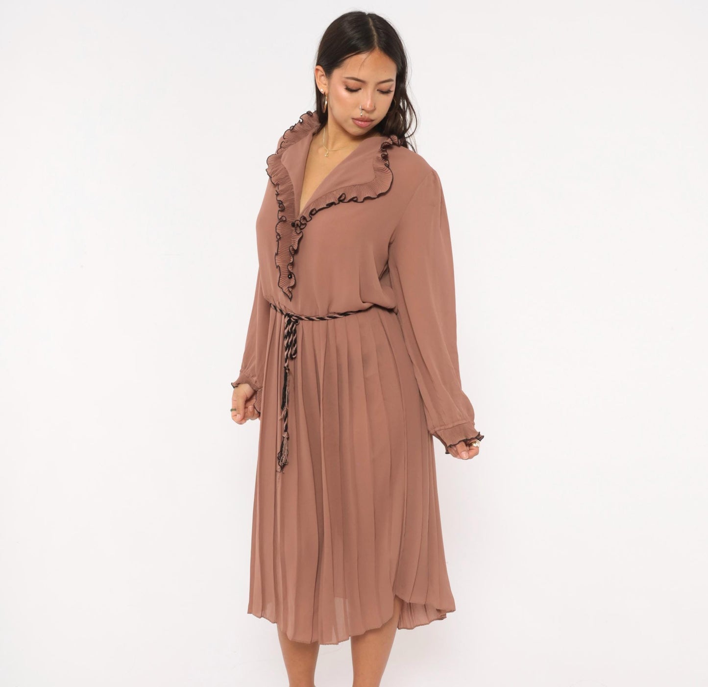 80s Cobina Mauve Pleated Dress Ruffled Collar V-Neck Blouson Sleeve Extra Large XL