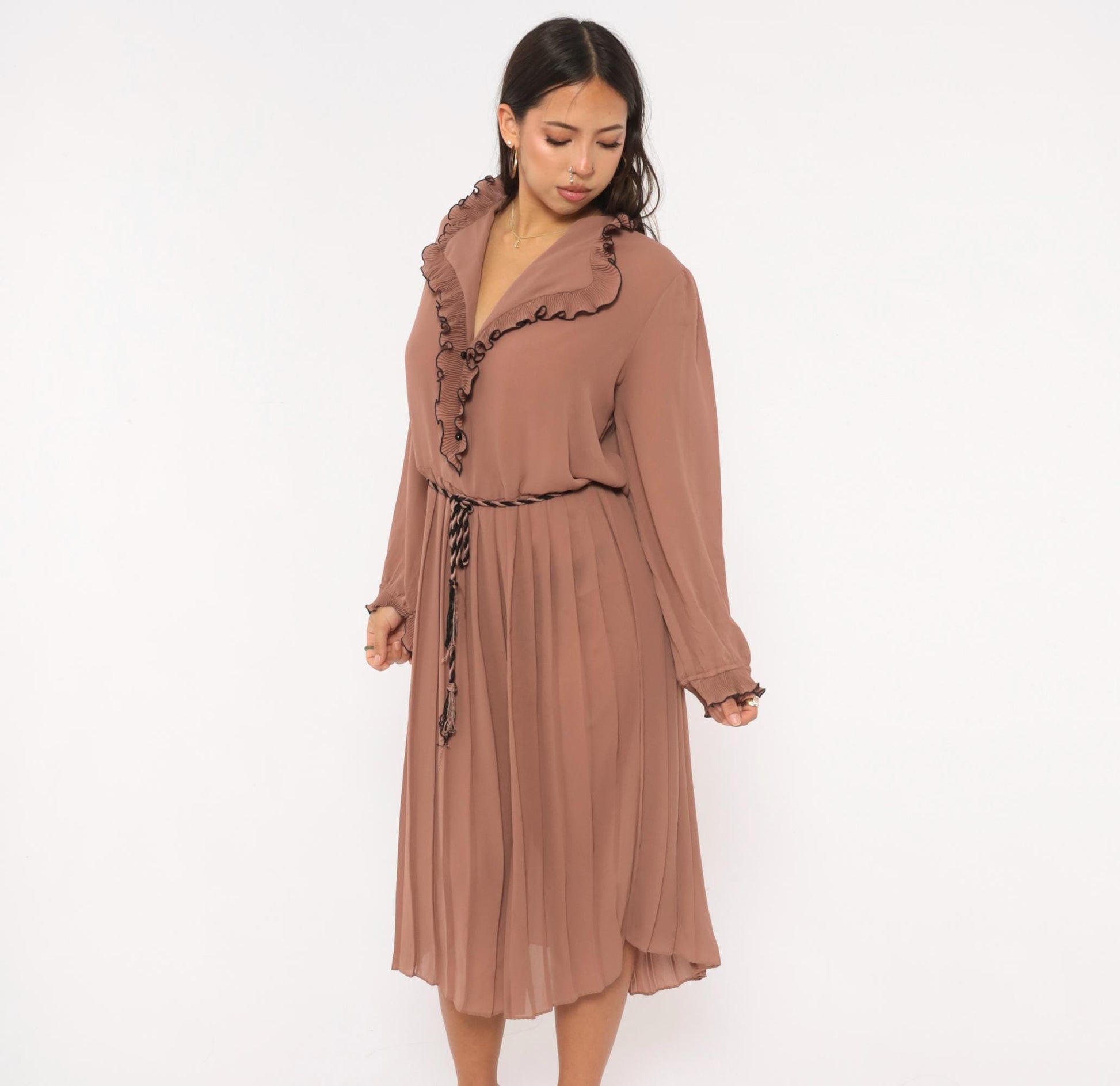 80s Cobina Mauve Pleated Dress Ruffled Collar V-Neck Blouson Sleeve Extra Large XL