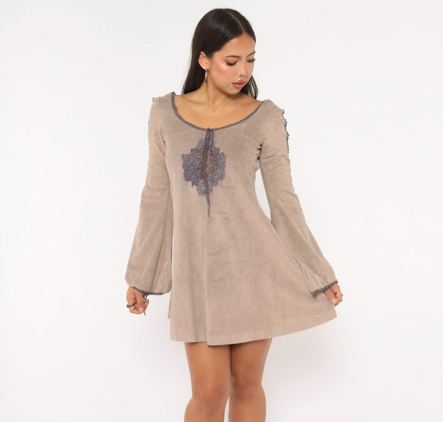 70s Grey Velour Mini Dress Purple Lace Cutout Bell Sleeve Extra Small XS