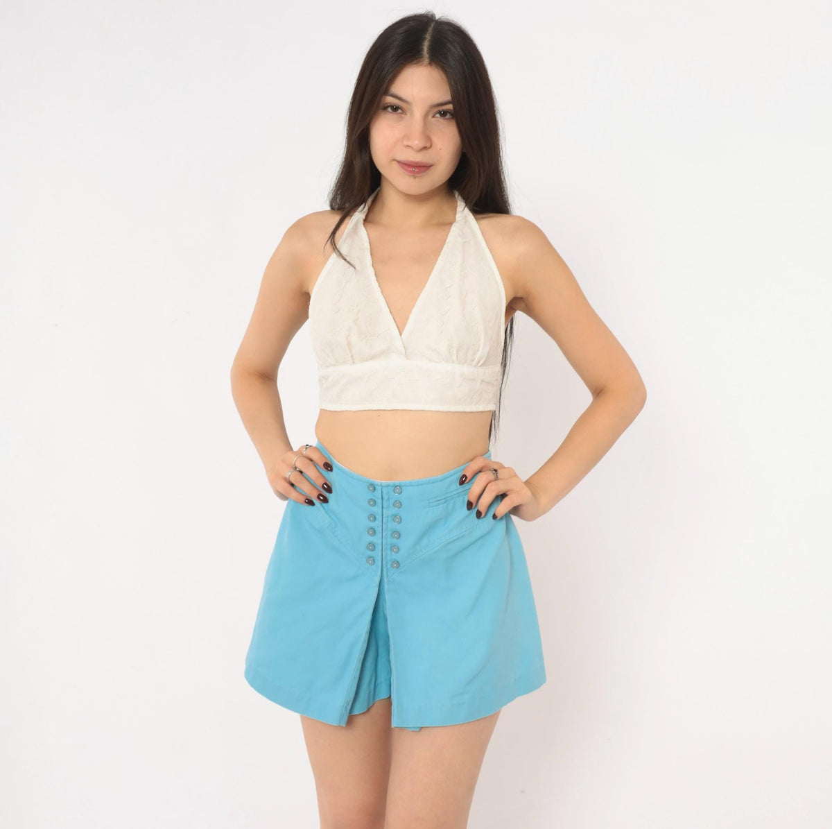 60s Powder Blue Cotton Skort High Waisted Pleated Mini Mod Small S