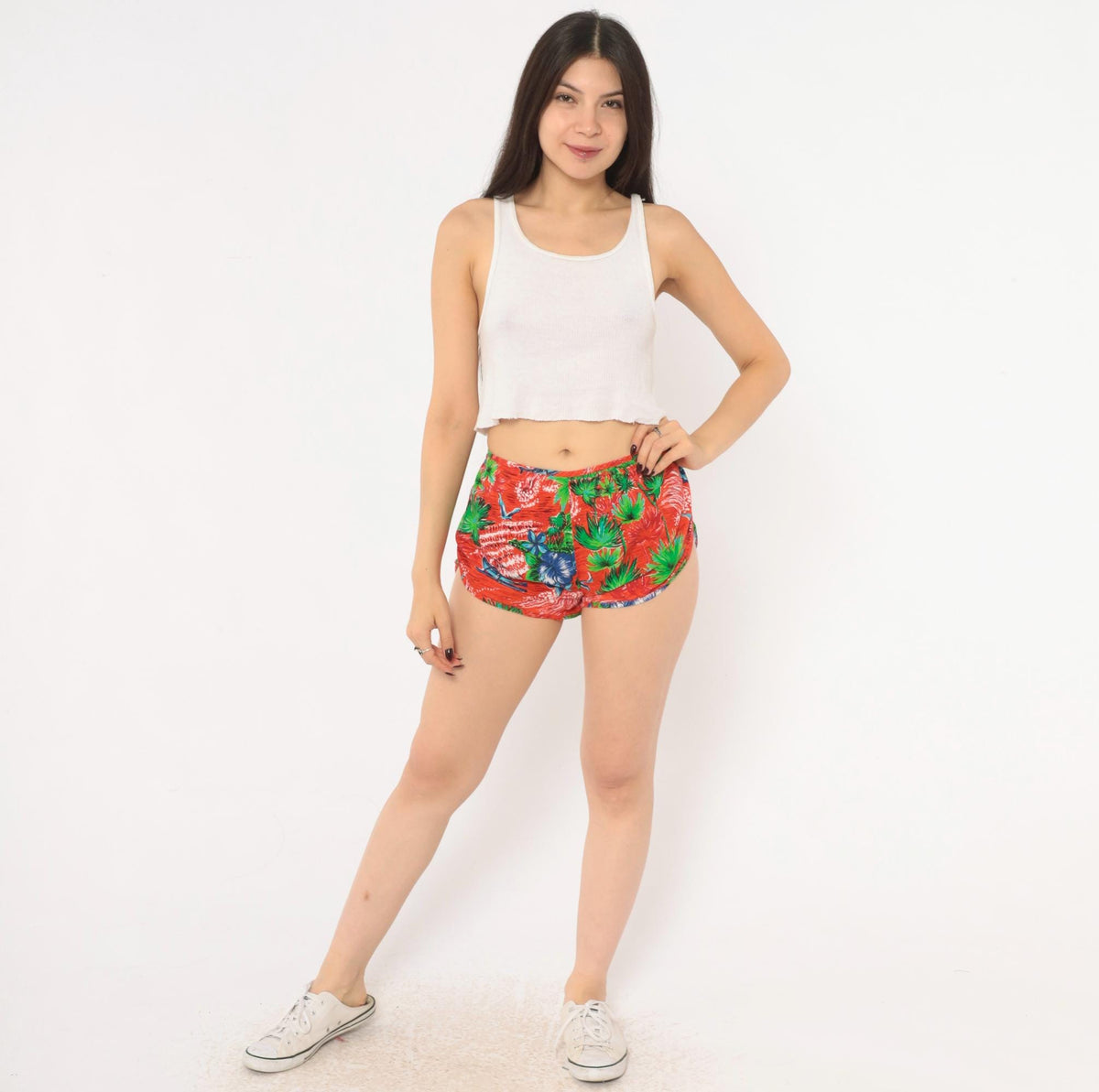 90s Hana Hawaiian Wrap Shorts Red Tropical Floral Cotton Small S
