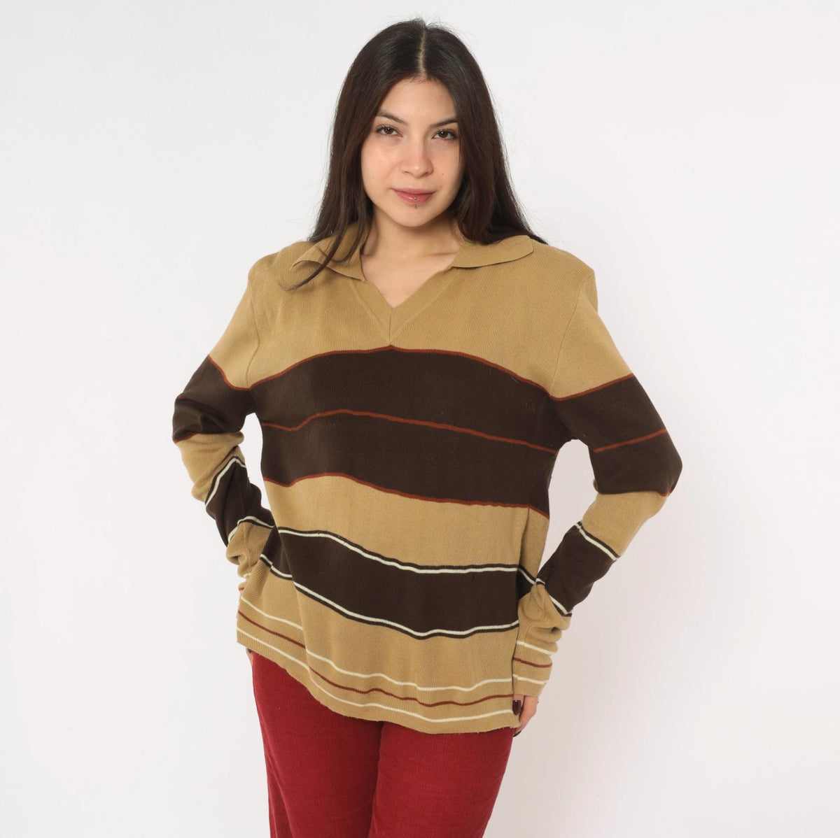 80s Alfie California Striped Polo Sweater Brown Tan Rust Medium