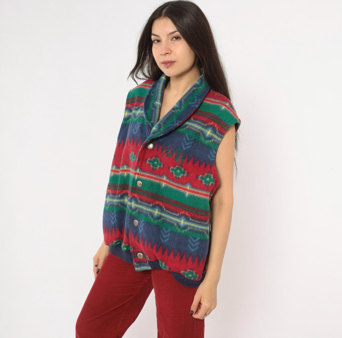 90s Emi Southwestern Fleece Vest Red Blue Geometric Shawl Collar Large L
