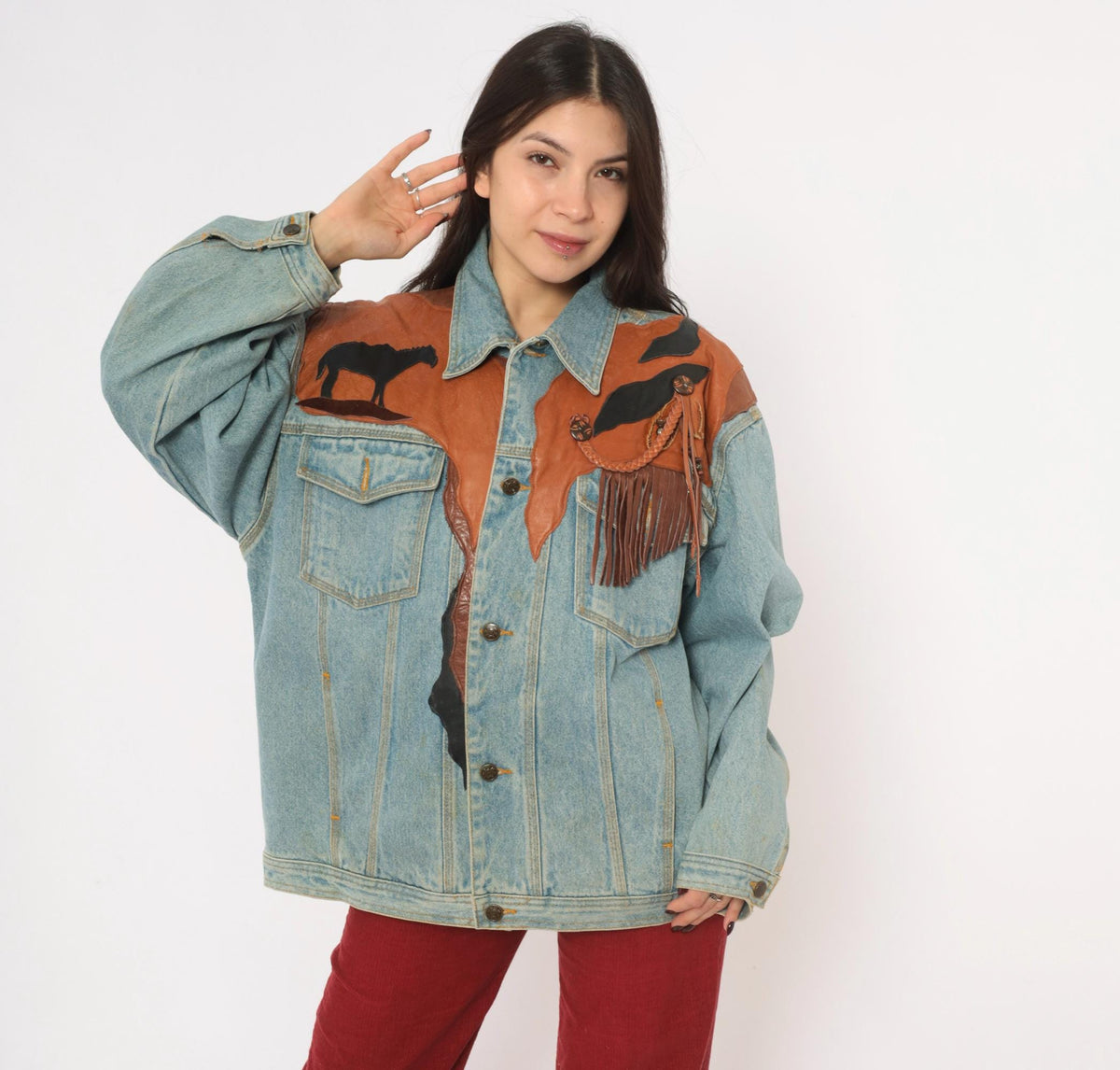 90s Petra C. Wall Denim Jacket Western Leather Cowboy Horse Patchwork Light Blue Medium M