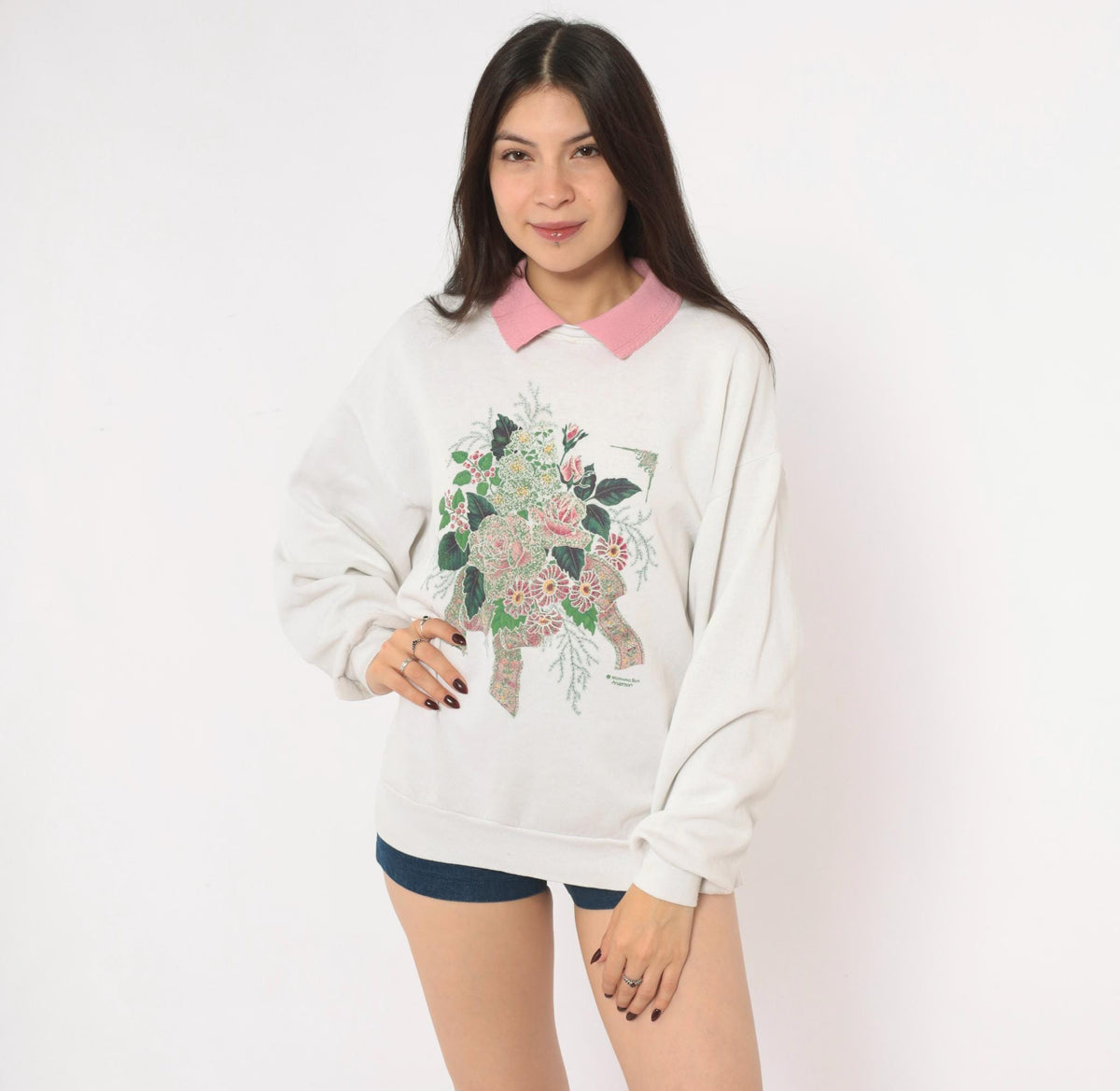 90s Morning Sun Floral Sweatshirt Pink Roses Off White Raglan Large L