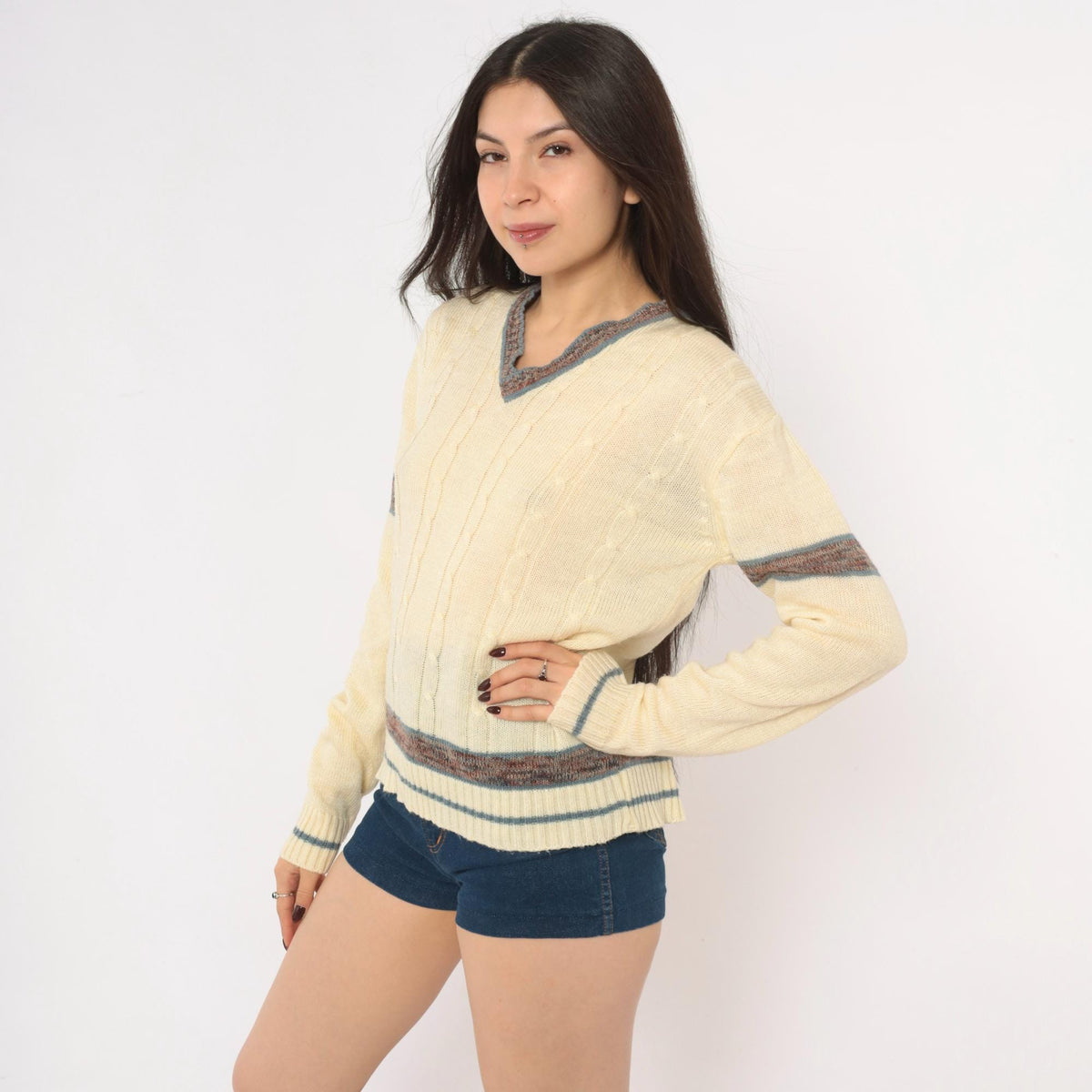 70s Kennington Cable Knit Sweater Cream V Neck Stripe Pullover Small
