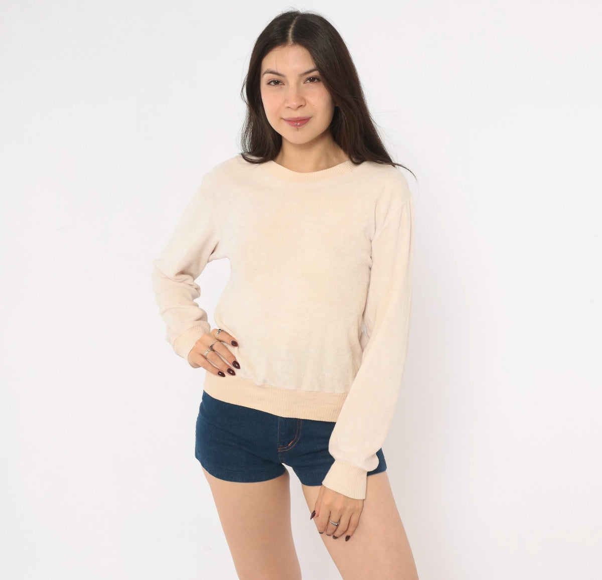 80s St Martine Velour Sweatshirt Cream Blush Pink Ribbed Crew Pullover Medium