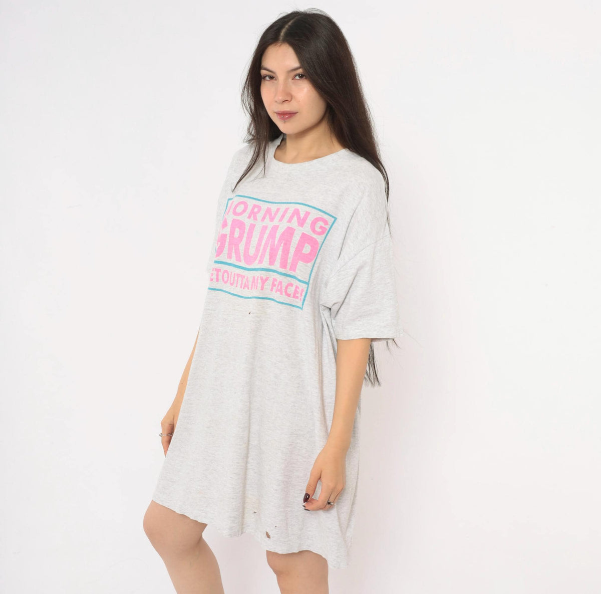90s Cigli Slogan T-Shirt Dress Grey Heather Cotton Pink Teal Print Small
