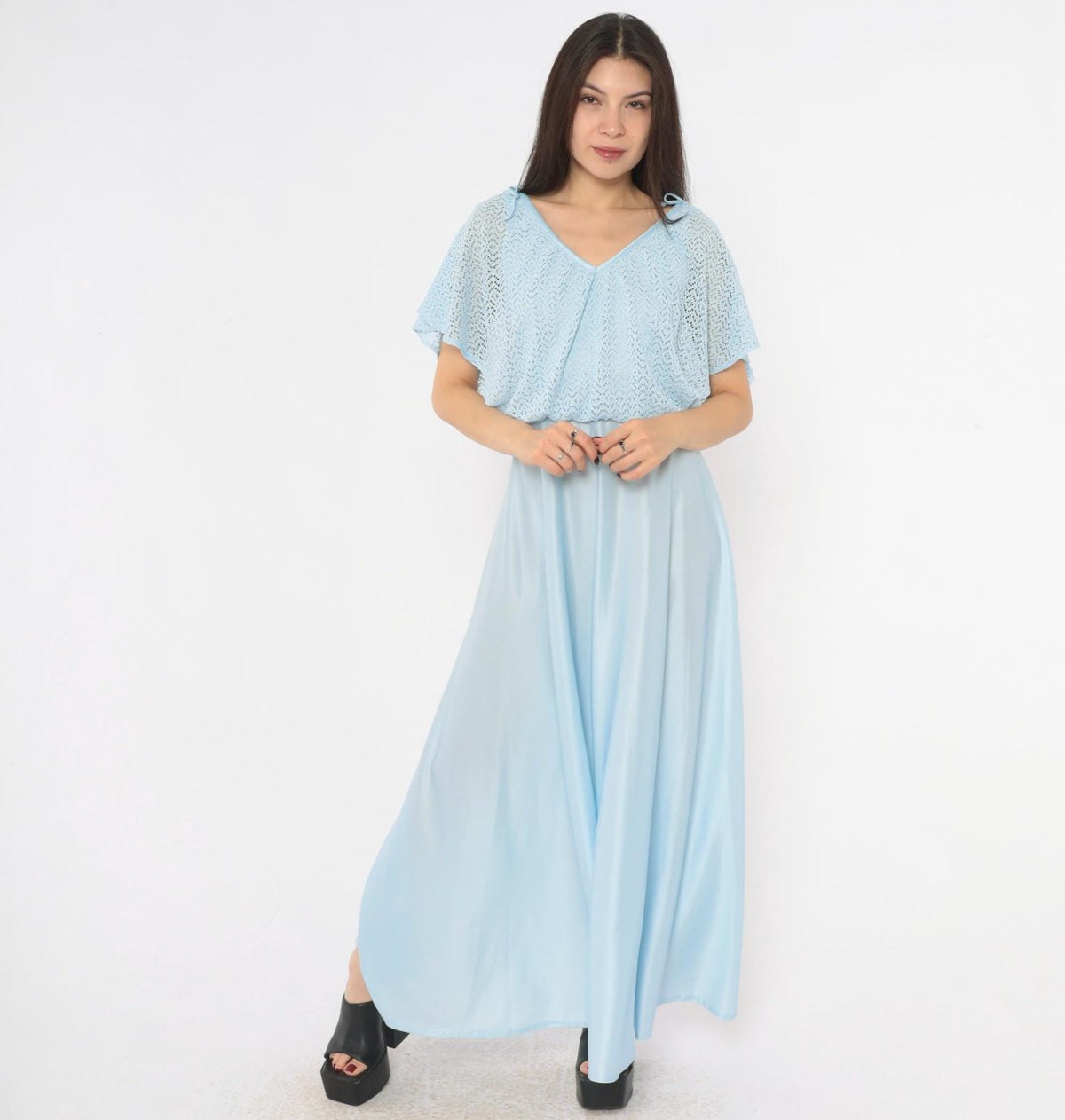 70s Light Blue Maxi Dress Pointelle Knit Capelet V Neck Flutter Sleeve Small