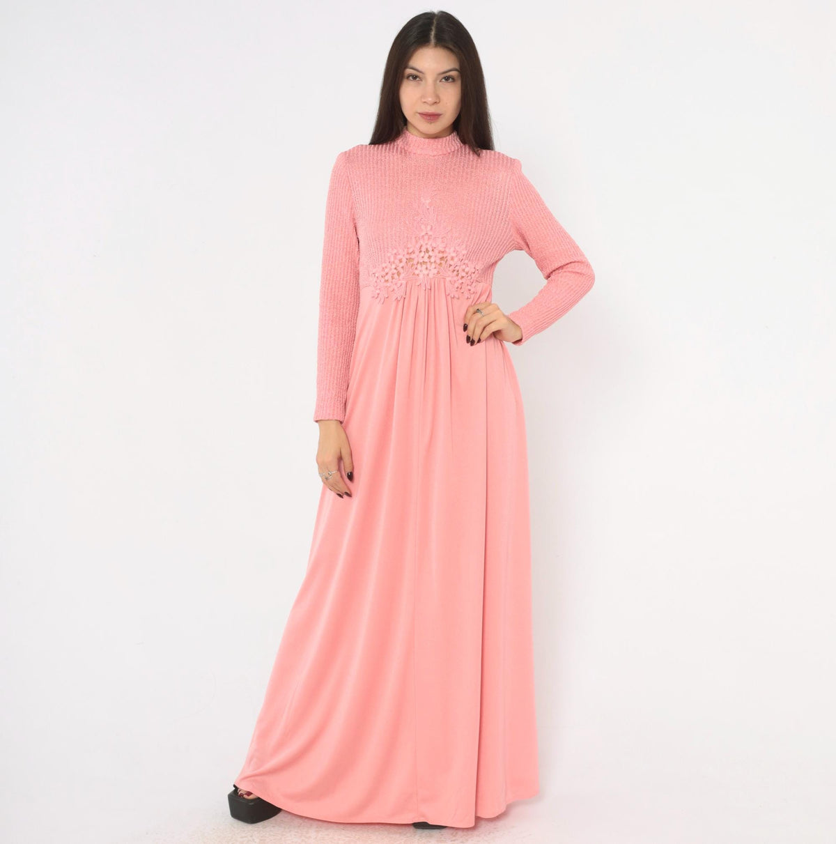 70s Pink Maxi Dress Knit Bodice Floral Lace Empire Waist Long Sleeve Medium