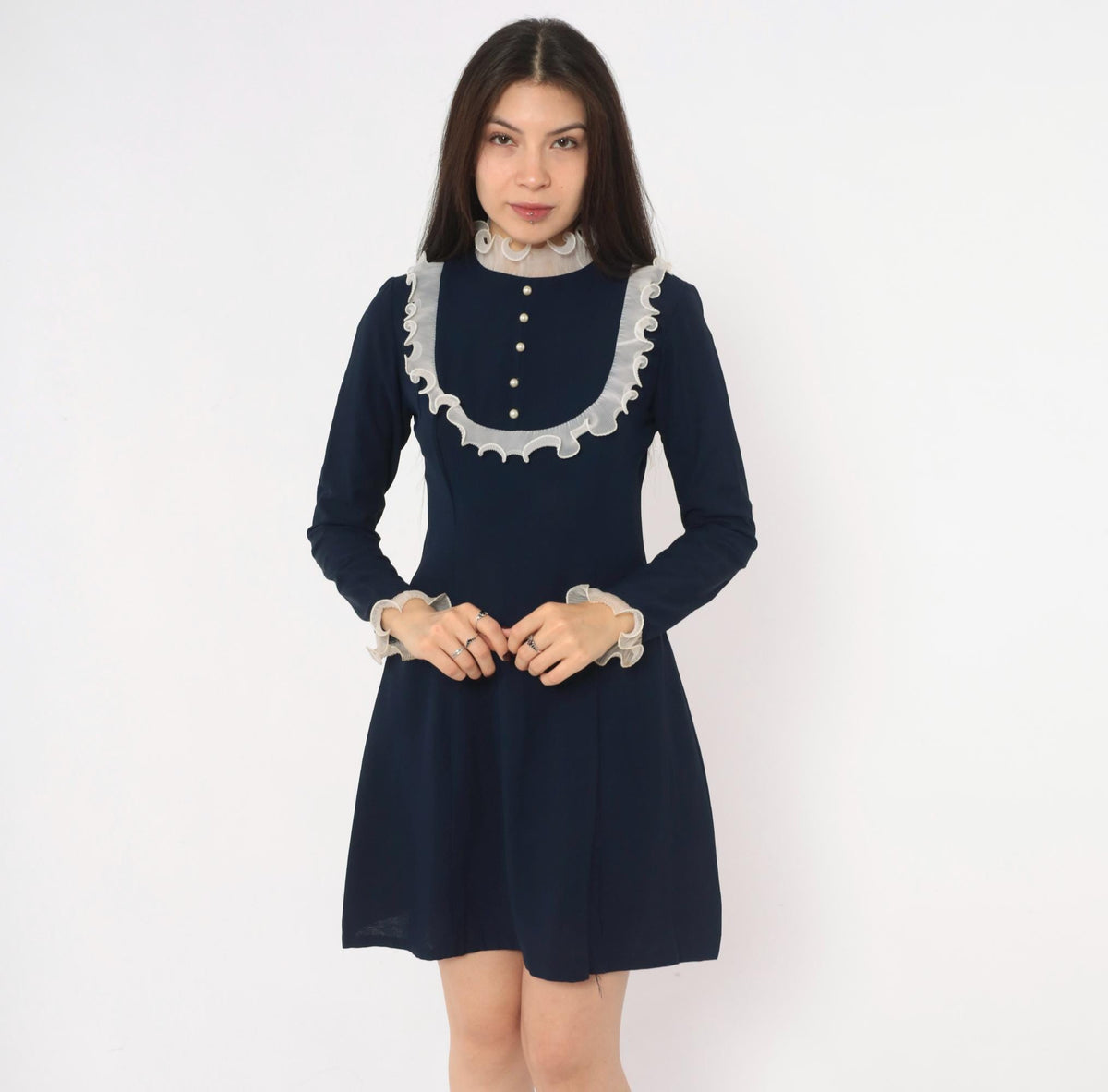 60s Navy Babydoll Dress White Ruffle Bib Mock Neck Pearl Buttons Small