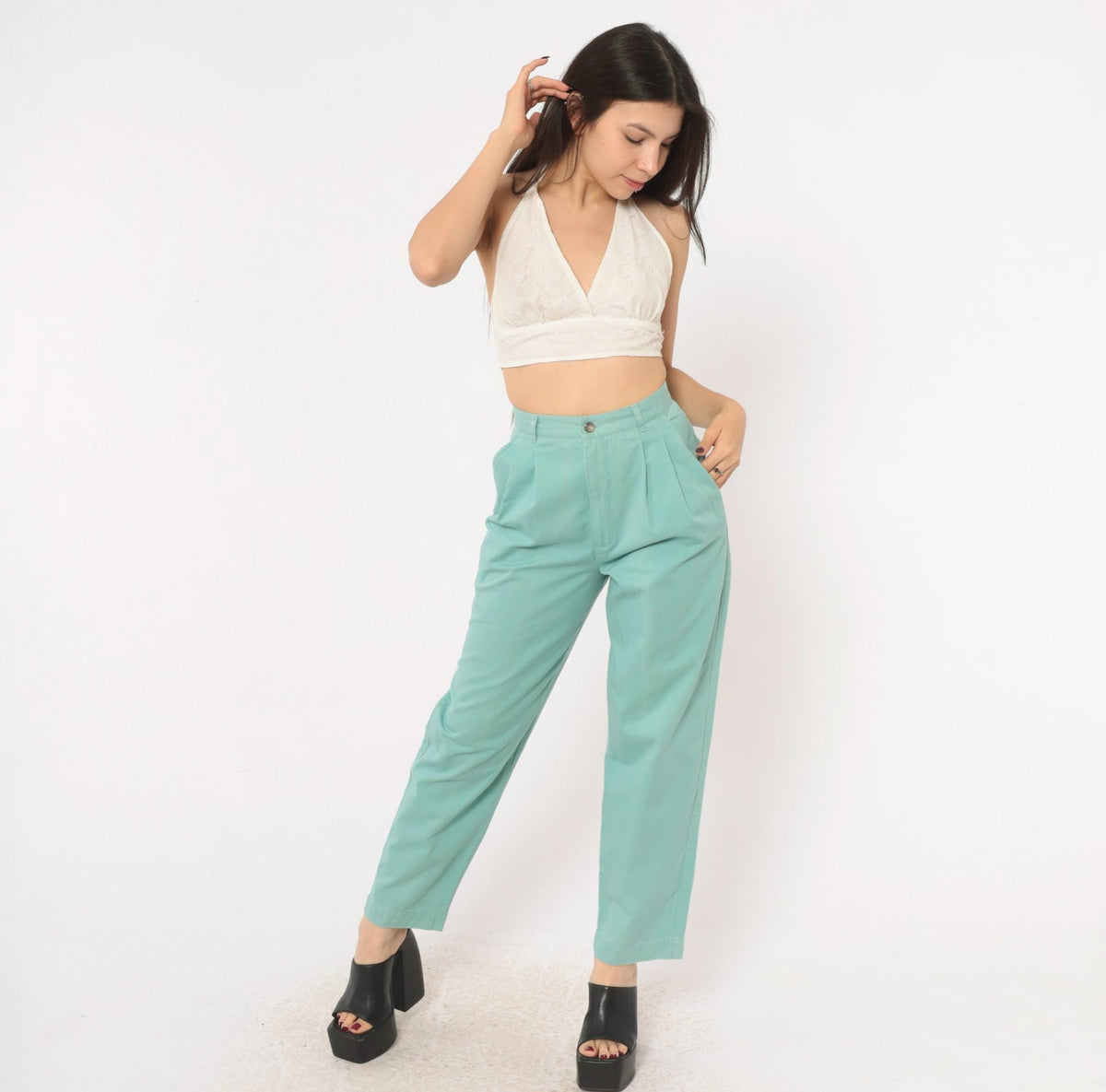 80s Petite Sophisticate Baby Blue Cotton High-Waist Pleated Tapered Trousers Extra Small