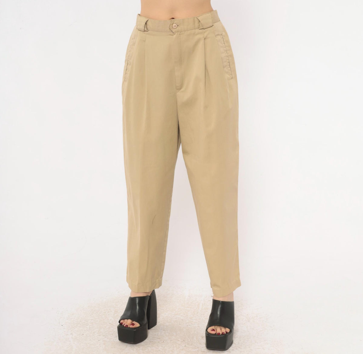 80s Casablanca Pleated Khaki Trousers High Waist Tapered Ankle Beige Medium