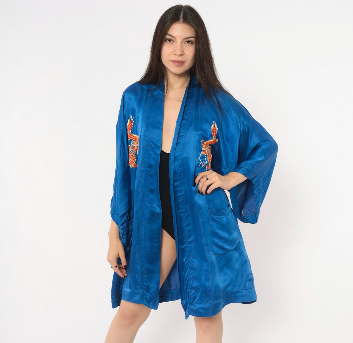 90s Golden Deer Silk Kimono Robe Cobalt Blue Dragon Embroidered Medium