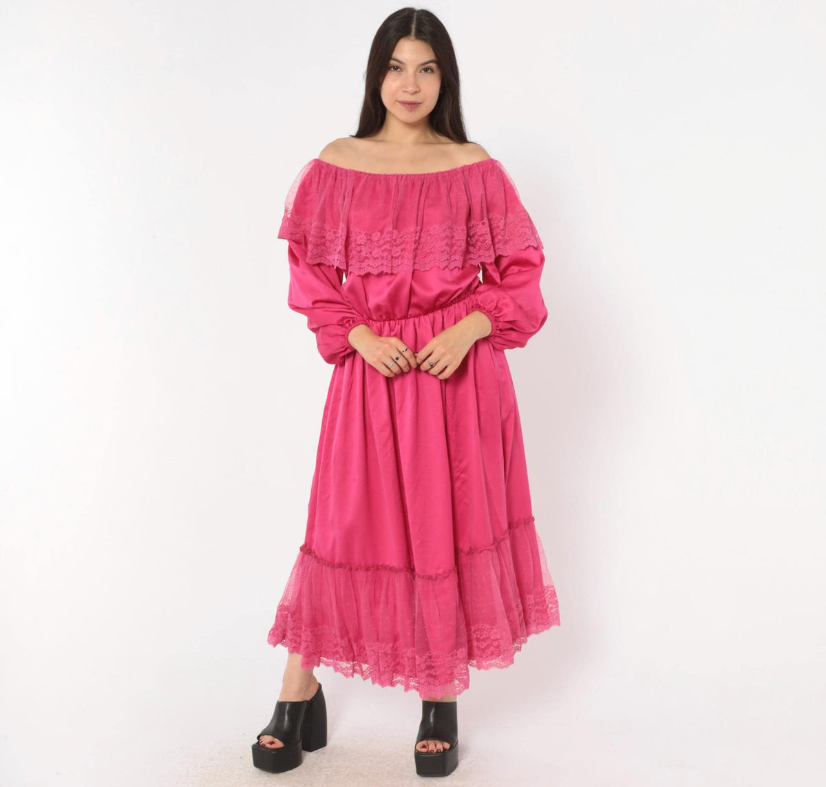 80s Hot Pink Off-Shoulder Midi Dress Lace Ruffle Balloon Sleeve Medium M