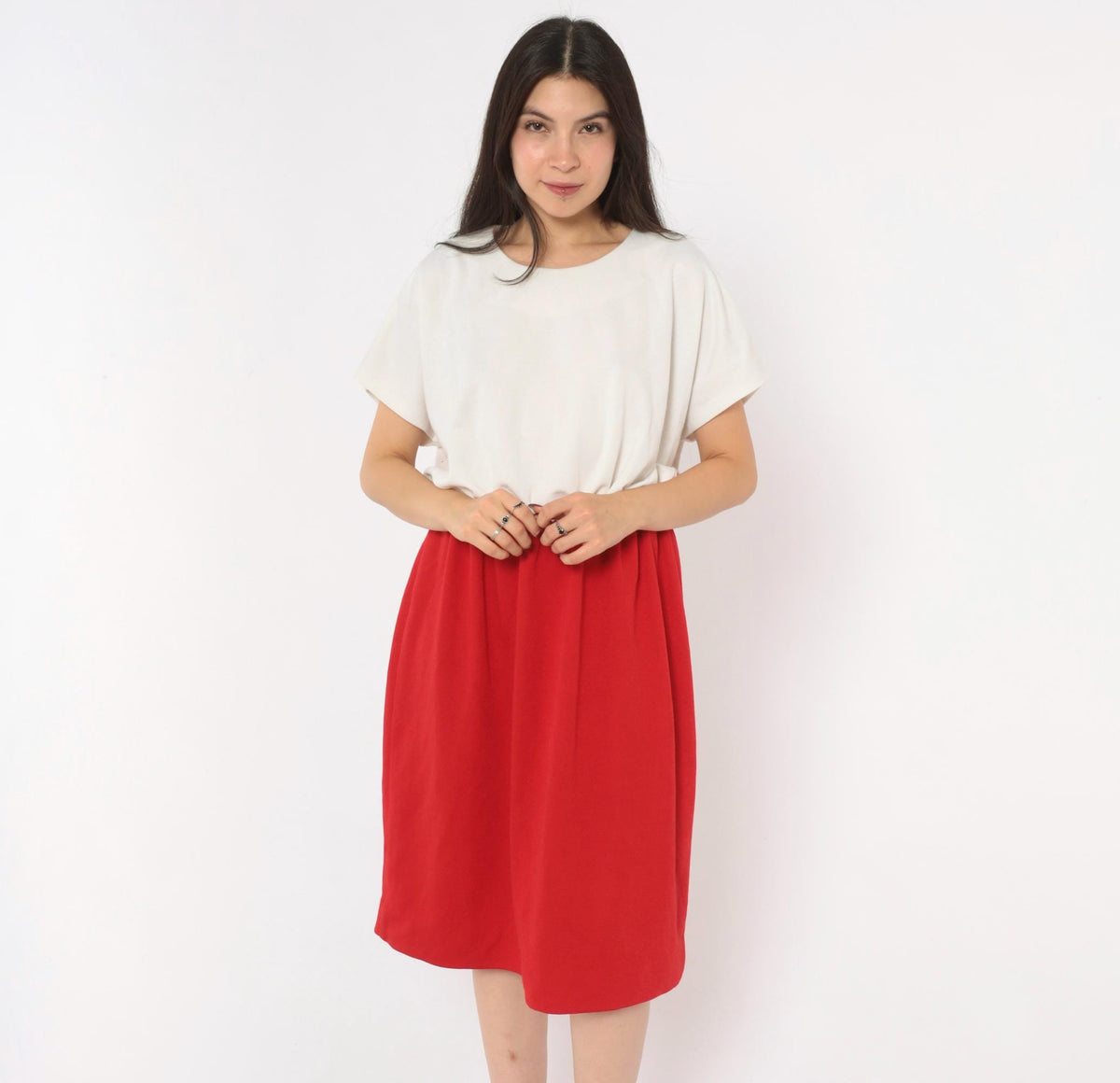 80s Leslie Fay Colorblock Dress White Red Gathered Waist Knee-Length Plus Size 1X