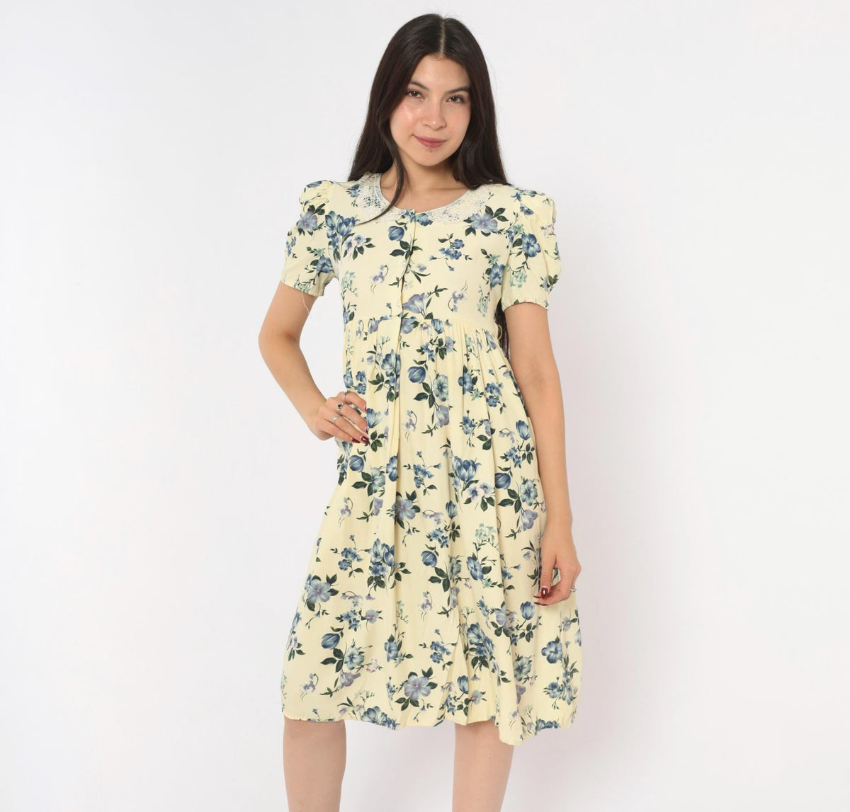 90s Swat Floral Babydoll Dress Cream Blue Puff Sleeve Lace Collar Extra Small XS
