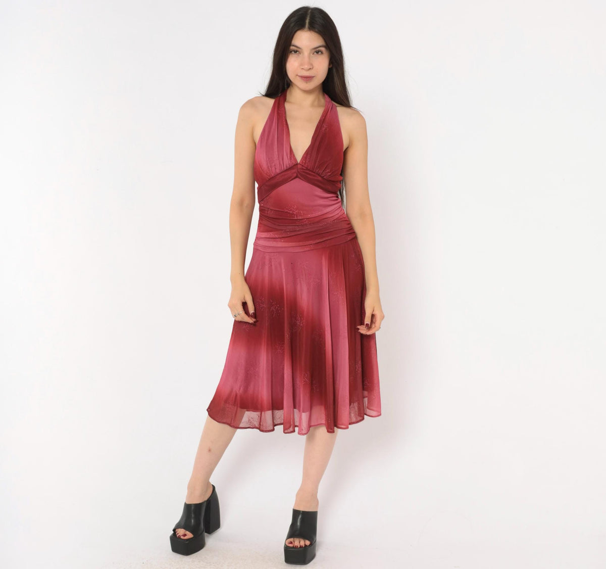 00s Fanny Fashion Burgundy Ombre Halter Dress Deep V Neck Mesh Floral Glitter Small
