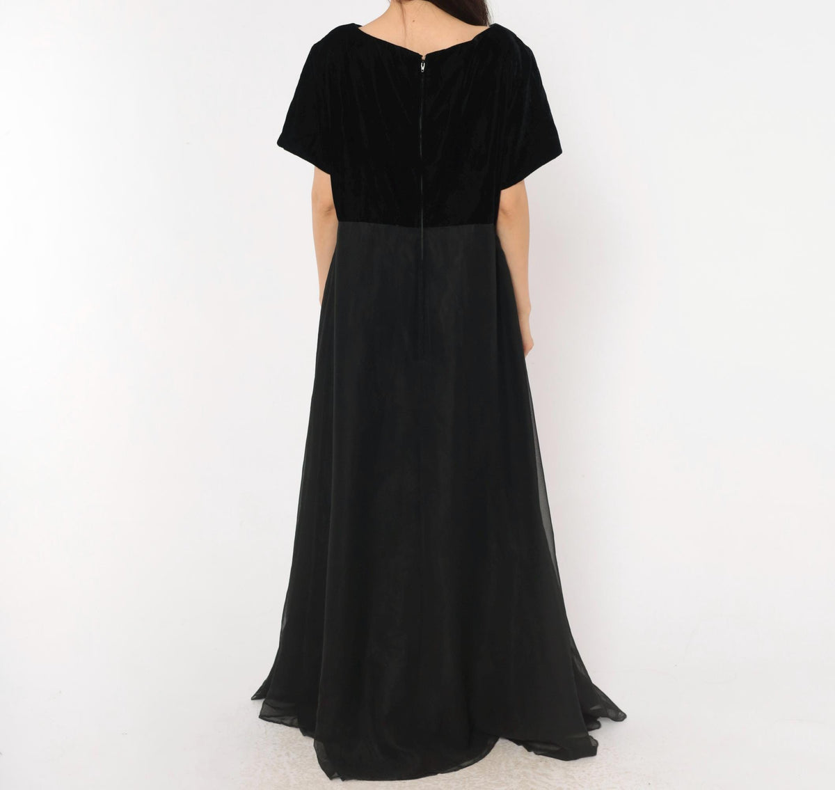 90s Stage Black Velvet Bodice Maxi Gown Chiffon Empire Waist Plus Size XXL