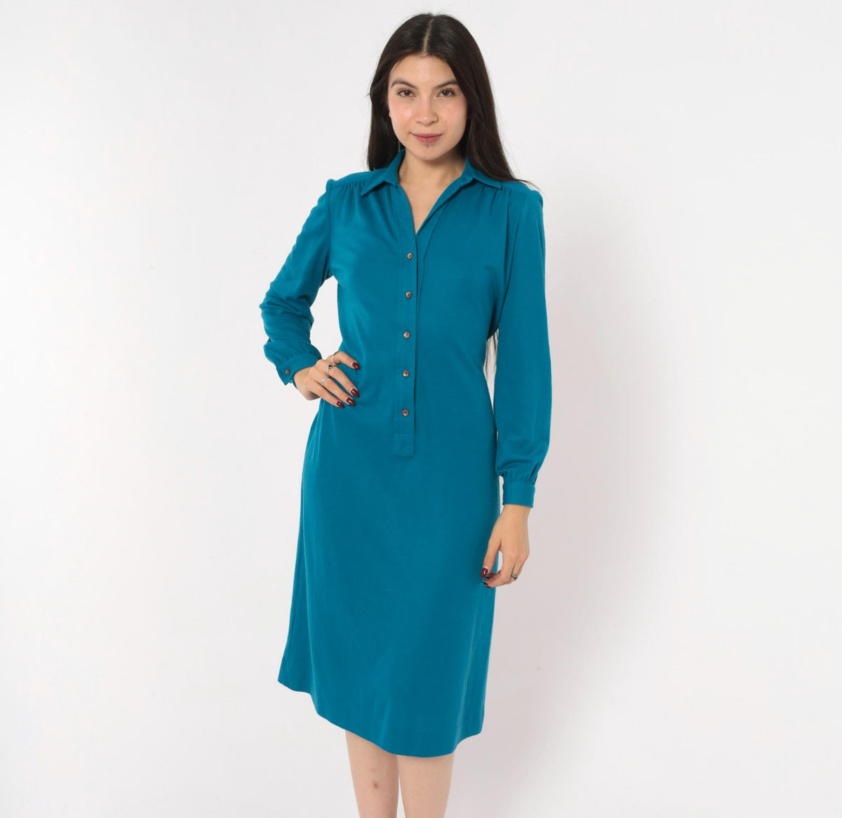 70s Schrader Sport Petites Teal Wool Shirt Dress Tie Waist A-Line Medium M