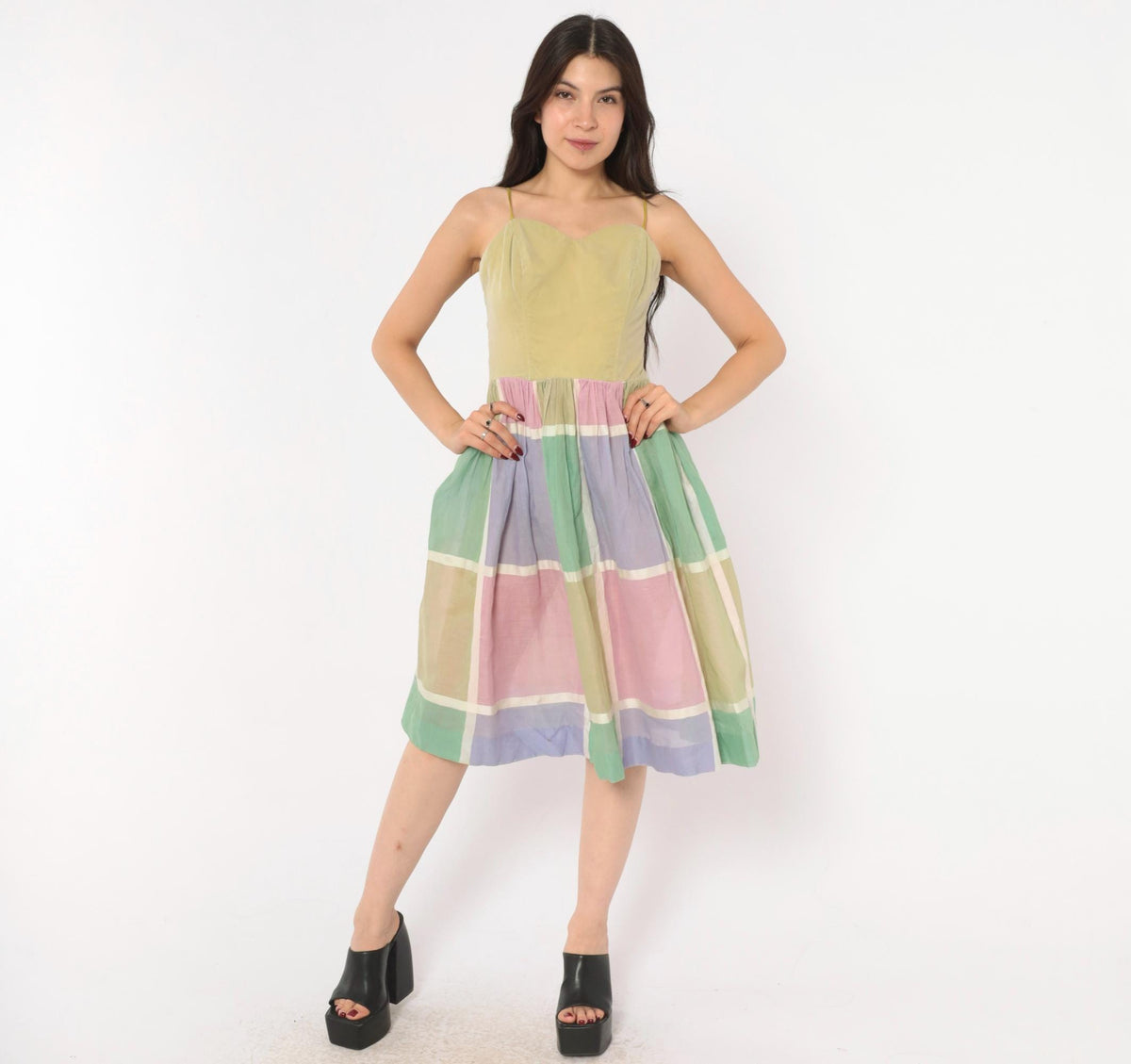 60s Pastel Plaid Sundress Sweetheart Neckline Gathered Skirt Cotton XS