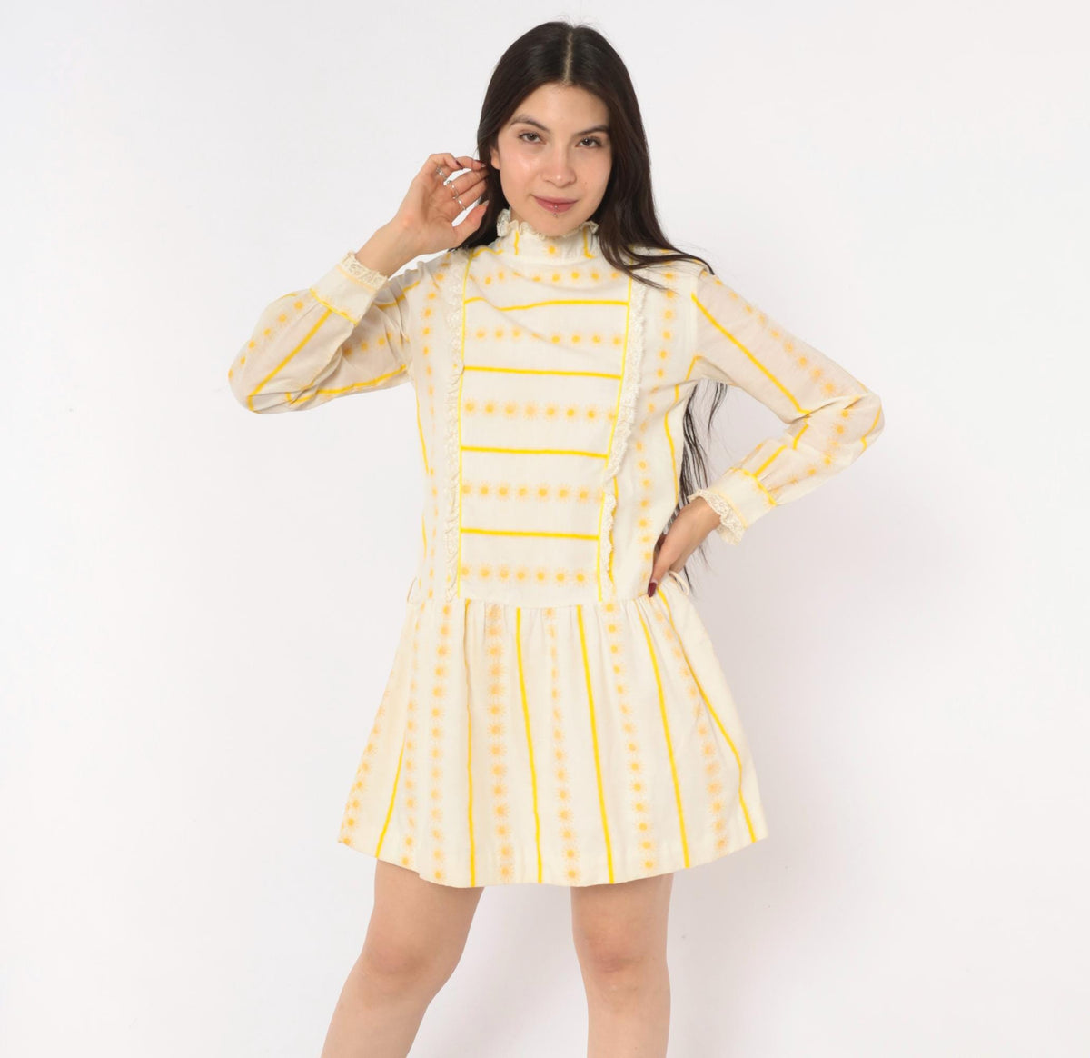 60s Miss Brent Daisy Stripe Mini Dress Yellow Cream Lace High Neck Long Sleeve Extra Small