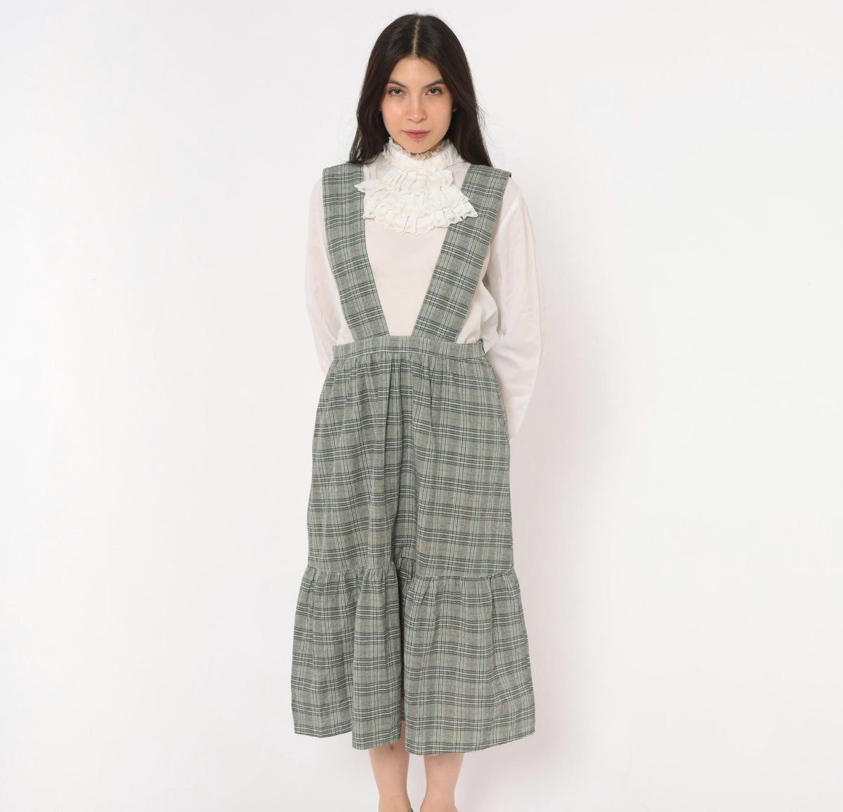 90s Grey Glen Plaid Pinafore Dress V-Neck Suspender Straps Tiered Ruffle Medium M