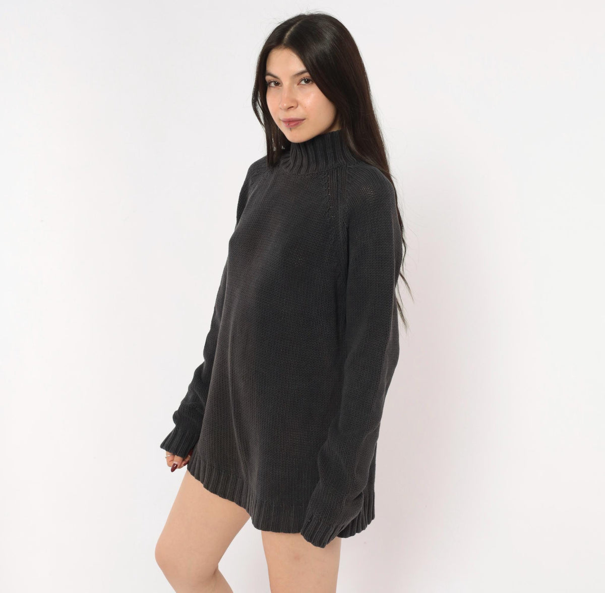 90s Chadwick's Black Mock Neck Sweater Cotton Knit Raglan Pullover Large L
