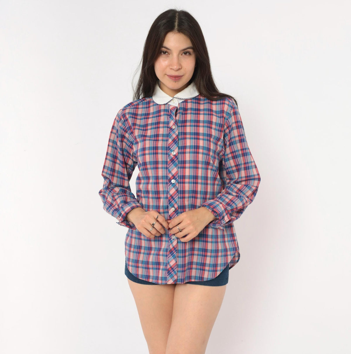 80s Oak Hill Plaid Peter Pan Collar Button Blouse Blue Red White Medium