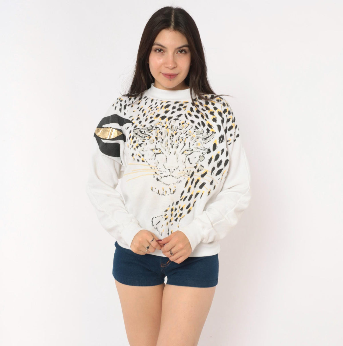 90s Land n Sea Leopard Face Sweatshirt White Gold Metallic Graphic Small