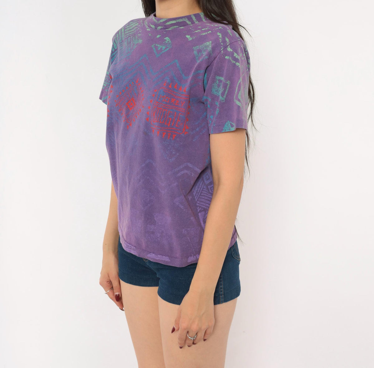 90s Morey Boogie All Over Print Tee Purple Teal Geometric Tribal Cotton XS