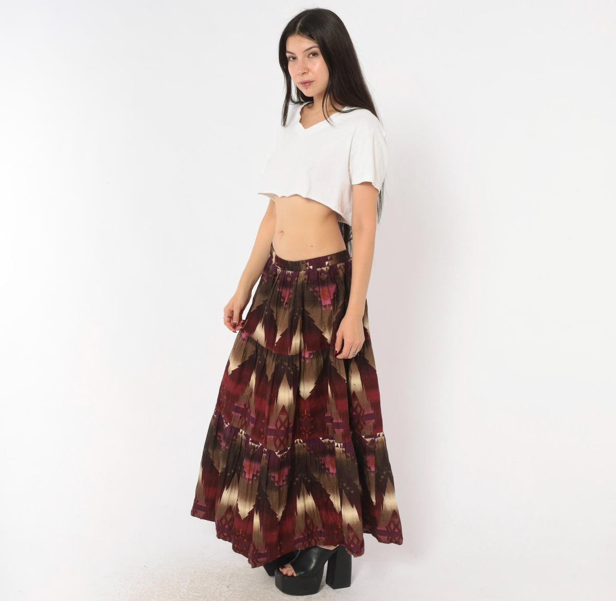 90s Circle T Southwestern Maxi Skirt Geometric Print Burgundy Cotton Medium