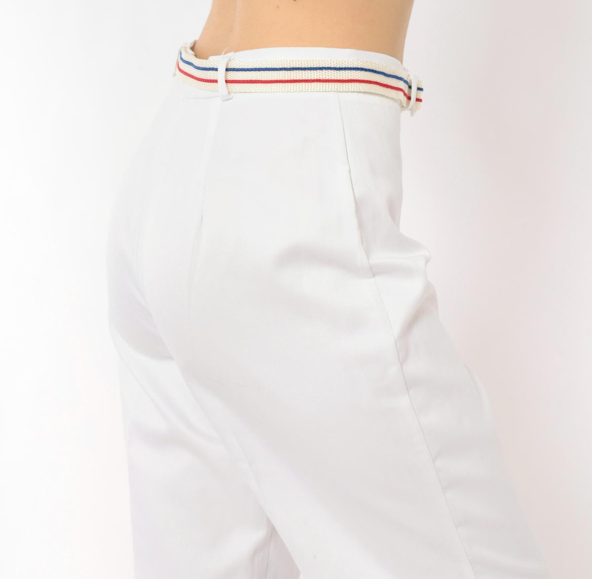70s MMJ White Wide Leg Trousers Striped Belt High Rise Small S