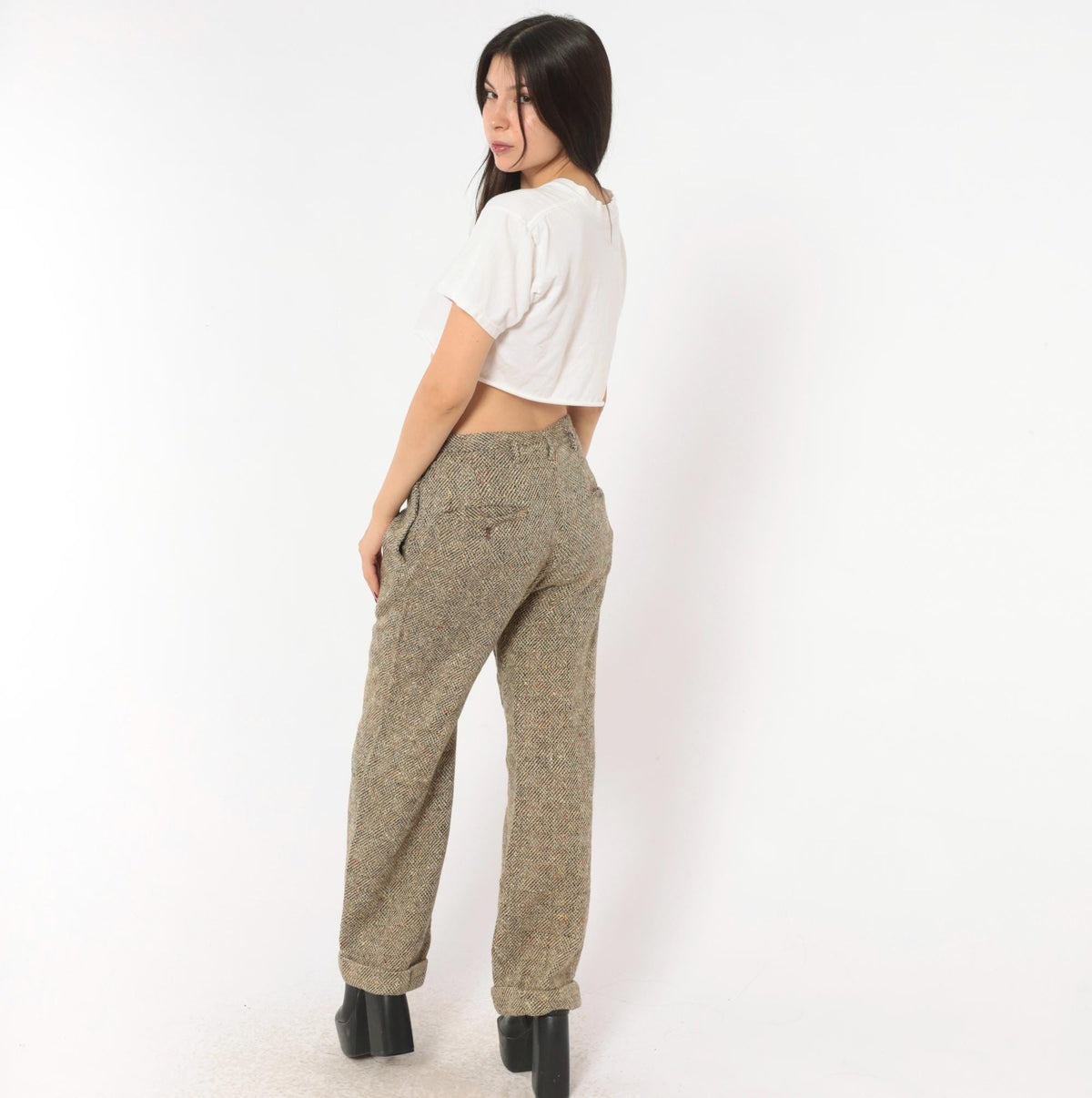 70s Herringbone Tweed Wool Pleated Trousers Tan Cream High Rise Medium