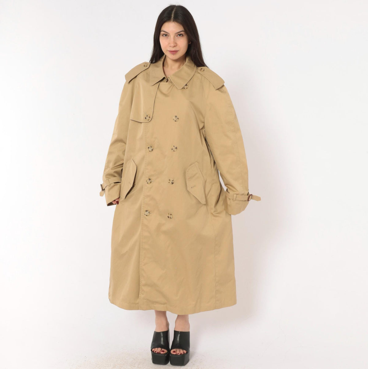 80s Tan Trench Coat Double Breasted Nova Check Lining Mens Medium