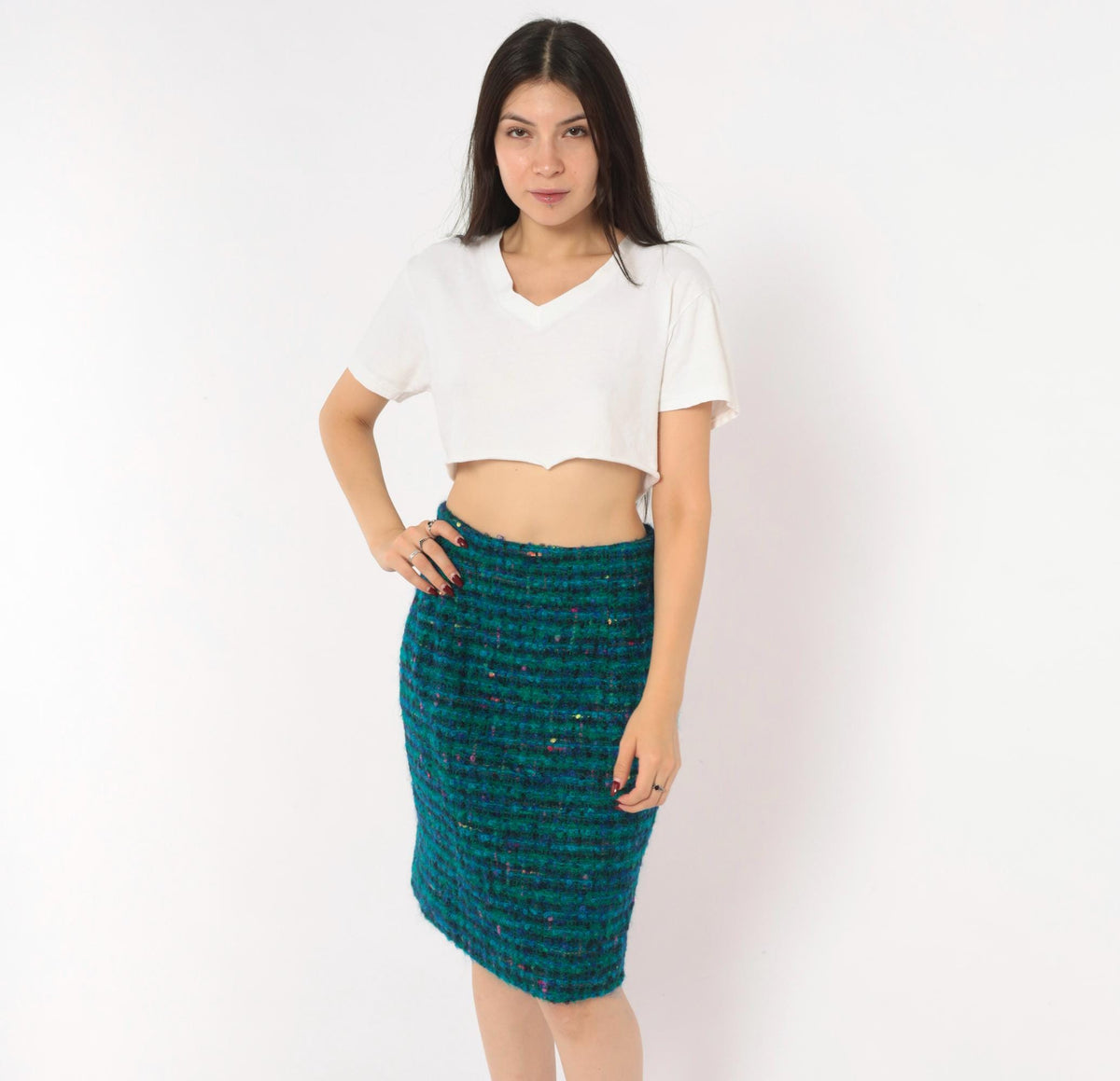 2000s Jones New York Teal Bouclé Pencil Skirt Wool Mohair Knee Length Small