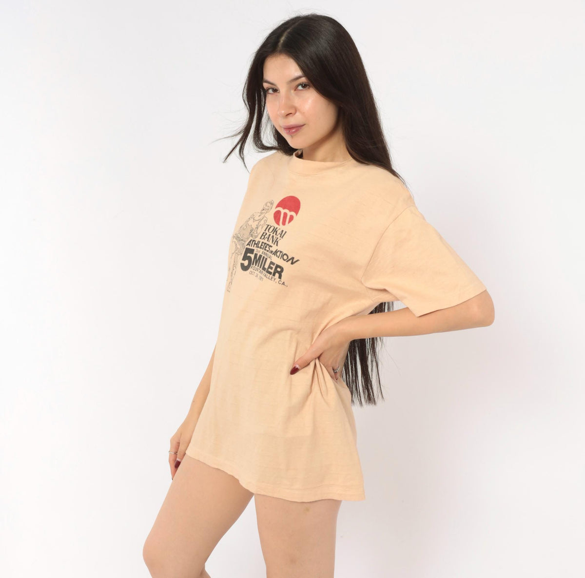 80s Hanes Beefy-T 1981 Fountain Valley 5 Miler Race Tee Peach Graphic Large L