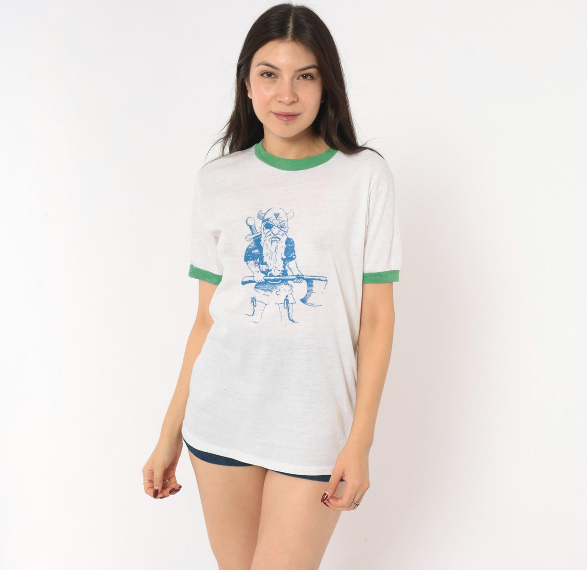 80s Sport-T Viking Ringer Tee White Green Trim Graphic Medium M