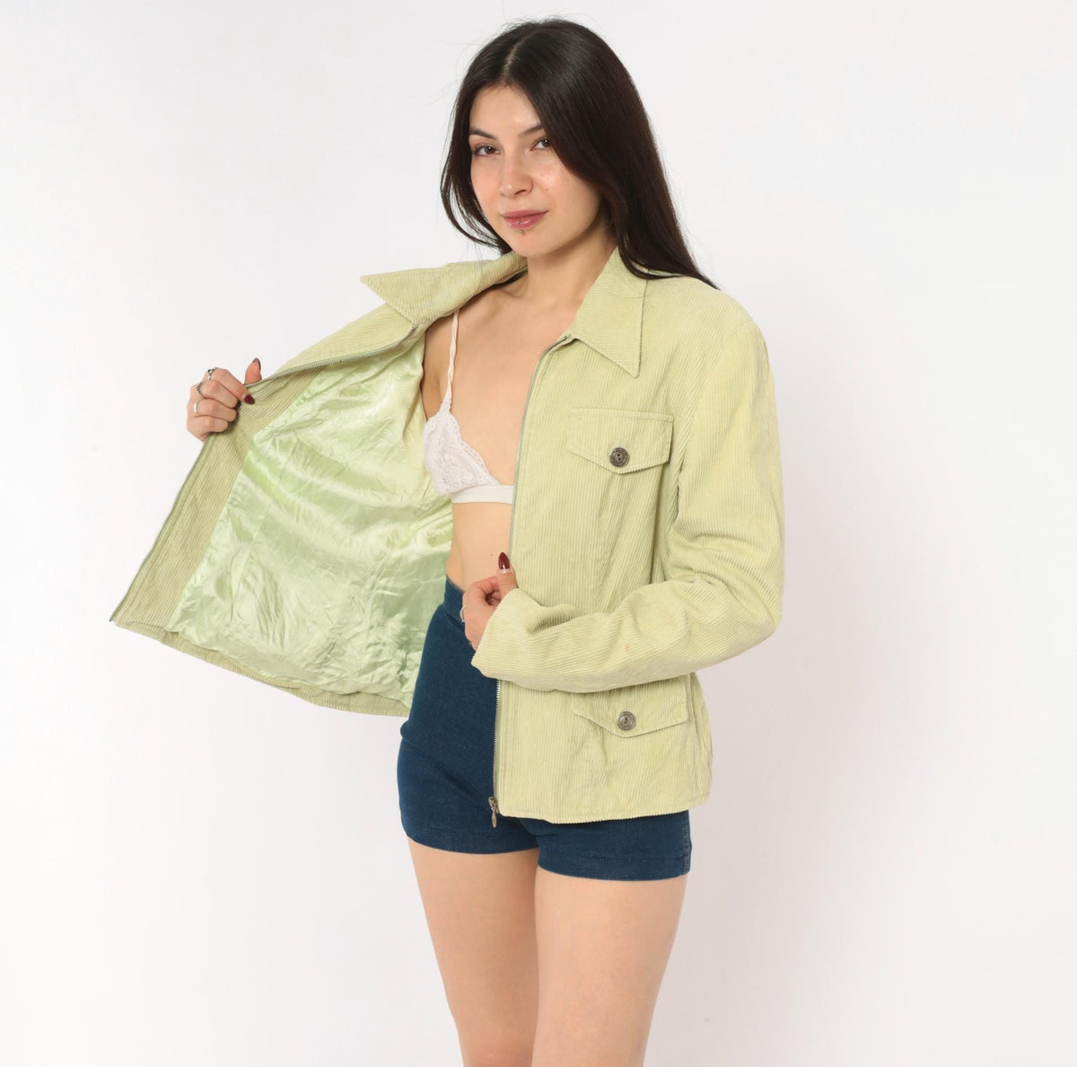 Y2K Rubbish Sage Corduroy Jacket Pointed Collar Four Pocket Mint Green Large L