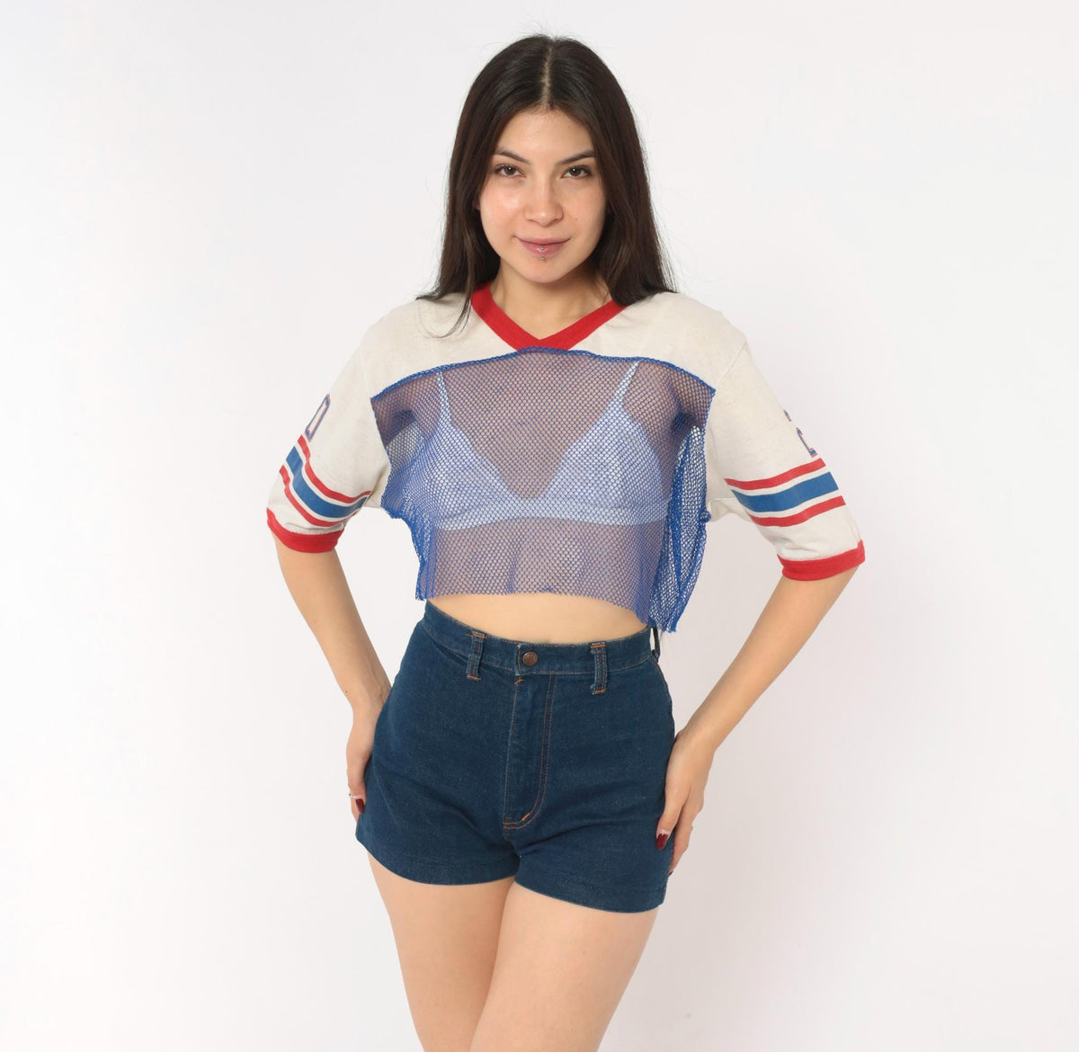 80s Indy Knit Mesh Crop Top Blue Red Stripe V-Neck Athletic Jersey Extra Large