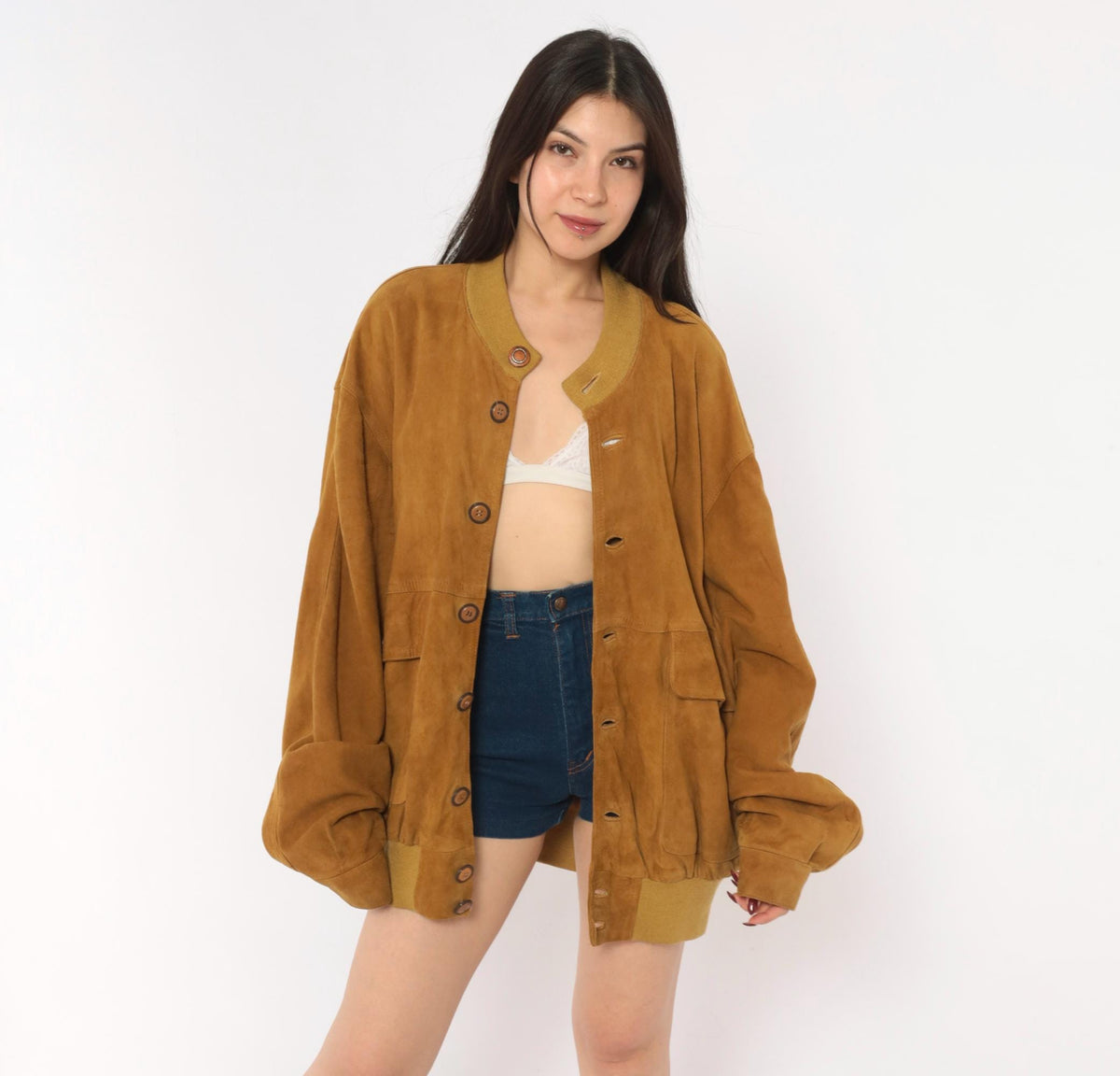 80s Rely Mustard Suede Bomber Jacket Knit Collar Button Front Medium