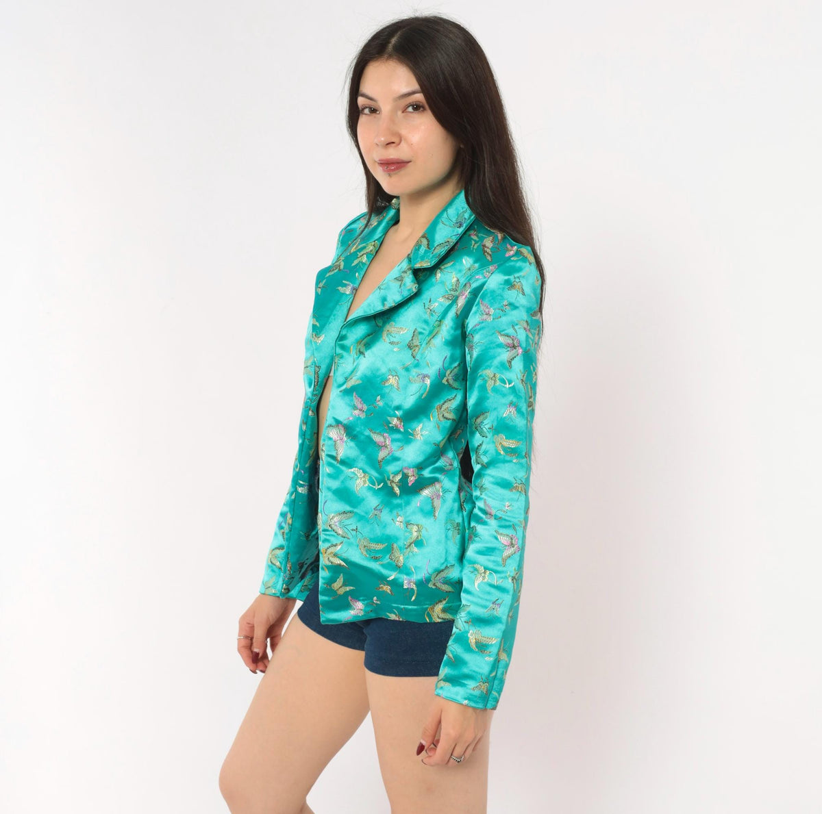 90s Teal Satin Brocade Blazer Butterfly Bird Embroidered XS