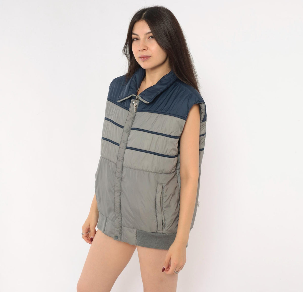 80s Ossi Navy Grey Color Block Puffer Vest Quilted Mens Medium