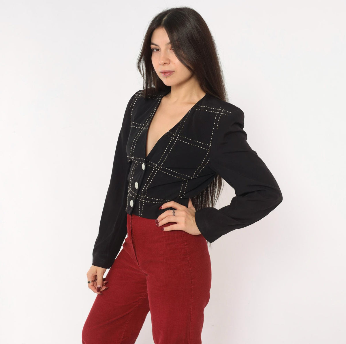 90s Karen Kane Cropped Blazer Black White Grid Stitch V-Neck Extra Small XS