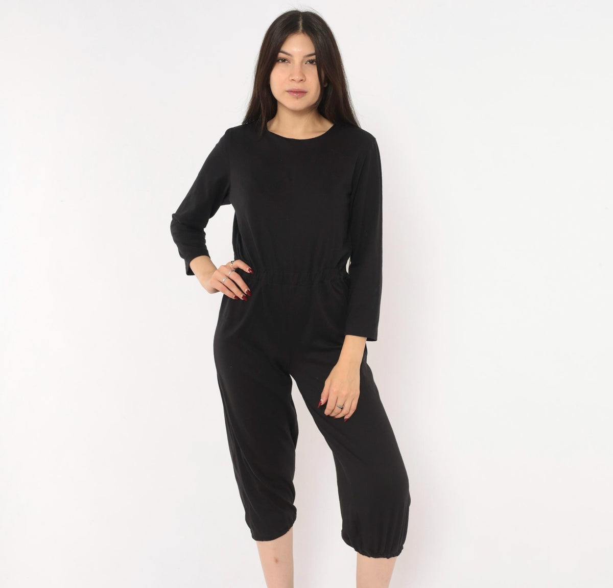 80s Black Jumpsuit Cropped Leg Three Quarter Sleeve Scoop Neck Small