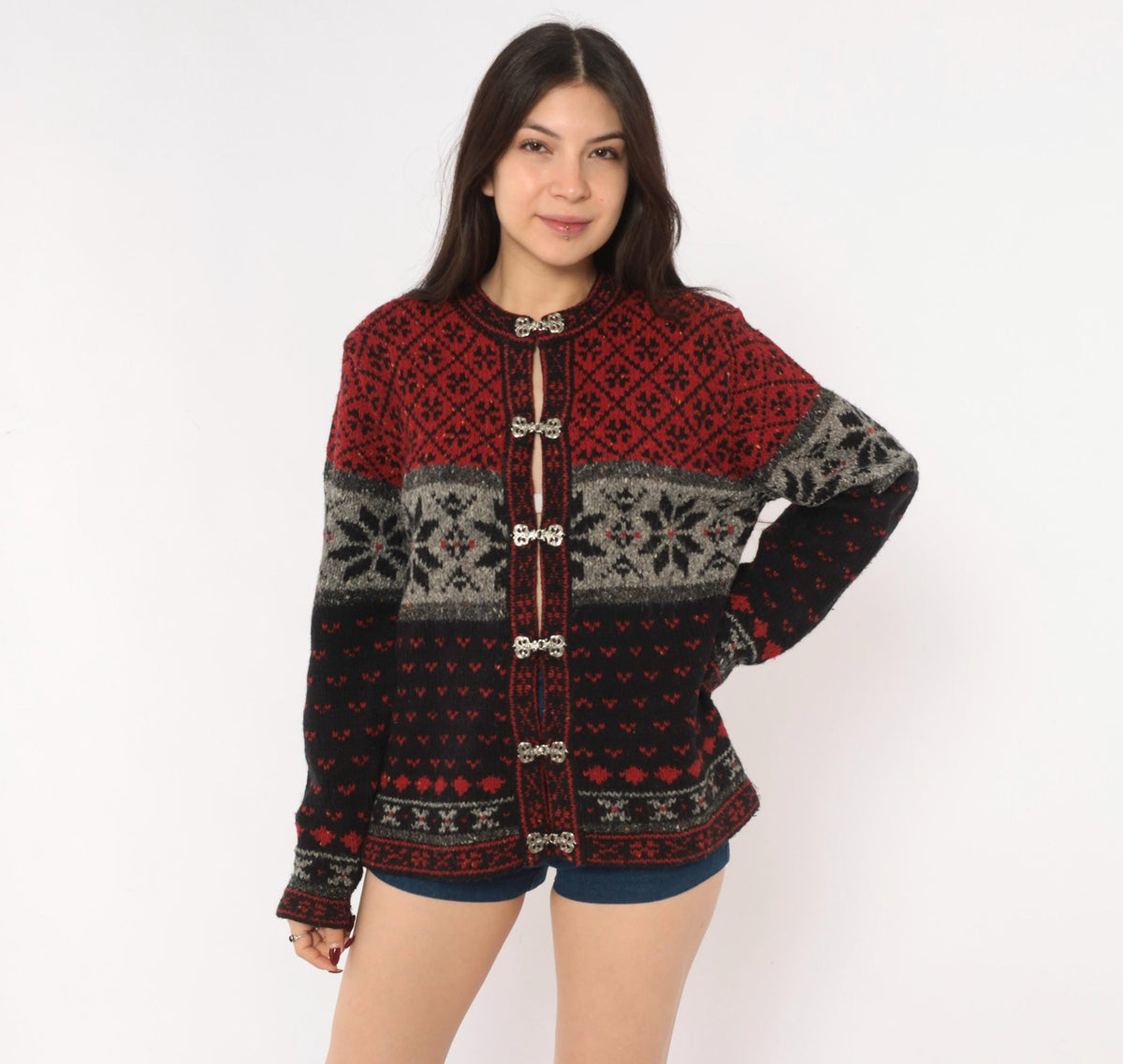 90s Croft & Barrow Nordic Cardigan Wool Blend Fair Isle Snowflake Black Grey Medium M