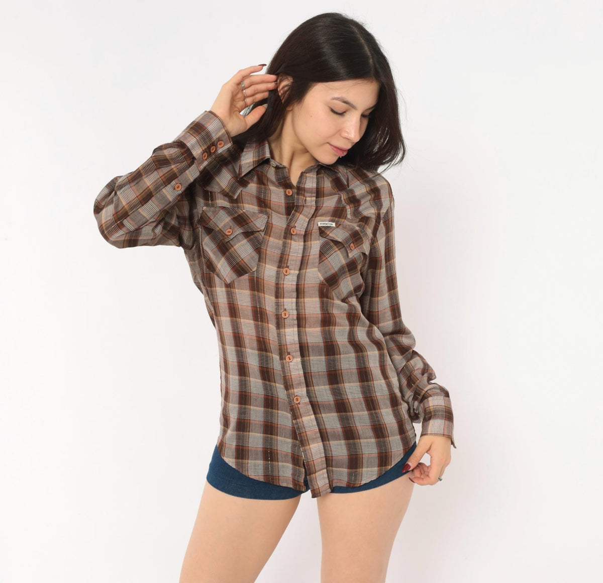 70s Kennington Plaid Button-Up Shirt Brown Tan Western Yoke Small